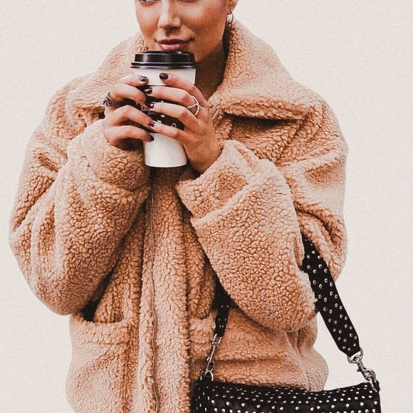 I.AmGia pixie brown Caramel Tan Sherpa Blogger zip up pocket front teddy coat - Picture 1 of 6